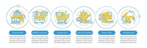 Travel experiences vector infographic template. Business presentation design elements. Cultural travel. Data visualization, six steps, options. Process timeline chart. Workflow layout, linear icons