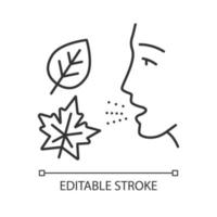 Fall allergy linear icon. Seasonal allergy. Hypersensitivity of immune system. Respiratory disease in autumn. Thin line illustration. Contour symbol. Vector isolated outline drawing. Editable stroke