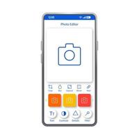Photo editor smartphone interface template. Mobile app page layout.Content maker. Social media post creator. Camera screen. Flat UI for photo editing application. Photography enhancer phone display vector