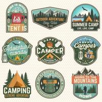 Set of Summer camp badges. Vector. Concept for shirt or logo, print, stamp, patch. Vintage typography design with rv trailer, camping tent, campfire, bear, man with guitar and forest silhouette vector