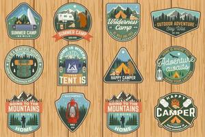 Set of Summer camp badges. Vector. Concept for shirt or logo, print, stamp, patch. Vintage typography design with rv trailer, camping tent, campfire, bear, marshmallow axe and forest silhouette vector
