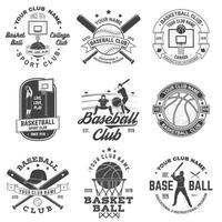 conjunto de insignias de baloncesto y béisbol, emblema. vector. concepto para camisa, estampado, sello, ropa o camiseta. diseño vintage con jugador de baloncesto, jugador de béisbol y silueta de equipos deportivos. vector