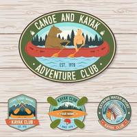 Set of canoe and kayak club badges Vector. Concept for patch, shirt, stamp or tee. Vintage design with mountain, river, american indian and kayaker silhouette. Extreme water sport kayak patches vector