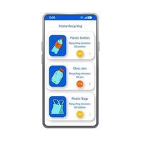 Home recycling app smartphone interface vector template. Mobile waste management app page white design layout. Flat UI eco friendly application. Plastic bottles, glass jars, plastic bags phone display