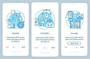 suscripción al editor de fotos que incorpora la pantalla de la página de la aplicación móvil con conceptos lineales. instrucciones gráficas de tres pasos de recorrido. tarifa mensual, anual. ux, ui, plantilla vectorial gui con ilustraciones vector