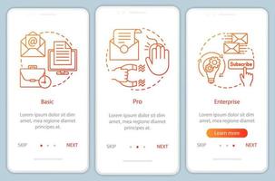 Email marketing subscription onboarding mobile app page screen with linear concepts. Enterprise tariff. Three walkthrough steps graphic instructions. UX, UI, GUI vector template with illustrations