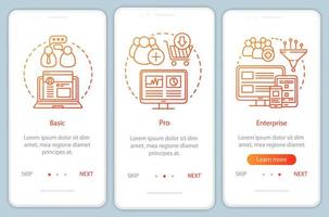 suscripción a herramientas de marketing digital que incorpora la pantalla de la página de la aplicación móvil, conceptos lineales. tarifas de empresa. instrucciones gráficas de tres pasos de recorrido. ux, ui, plantilla vectorial gui, ilustraciones vector