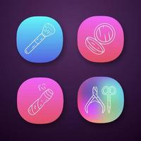 Skin care accessories app icons set. Makeup attributes, feminine hygiene. UI UX user interface. Web or mobile applications. Vector isolated illustrations. Cosmetic brush, mirror, body spray, scissors