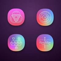 Diagrams app icons set. Data graphic visualization. Statistical analysis. Marketing analysis. Math, logic. UI UX user interface. Web or mobile applications. Vector isolated illustrations