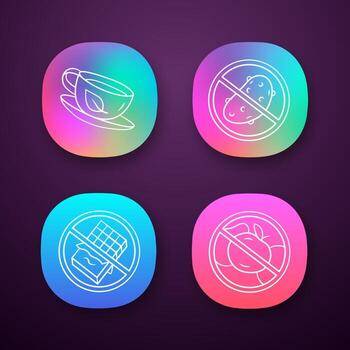 Low carbs and diabetic diet app icons set. No glucose and carbohydrate products. UI UX user interface. Sugar free food and healthy eating. Web or mobile applications. Vector isolated illustrations