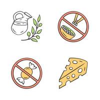 No sugar organic products color icons set. Dietary food healthy eating. Glucose free and low carbs ketogenic diet. Natural fresh drink jar, Swiss cheese isolated vector illustrations