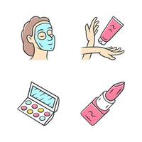 Feminine hygiene, makeup color icons set. Skin care attributes, cosmetic accessories. Beauty salon products isolated vector illustrations. Face mask, hand cream, eyeshadow palette, lipstick