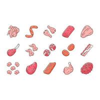 Butchers meat color icons set. Chicken drumsticks, breast and ham. Bacon, burger patties, steaks, oxtails. Butchery business. Meat production and sale. Protein sources. Isolated vector illustrations