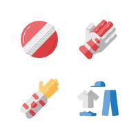 Cricket championship flat design long shadow color icons set. Sport uniform, protective gear, game equipment. Sports activity. Team game. Sport competition, tournament. Vector silhouette illustrations