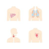 conjunto de iconos de color de sombra larga de diseño plano de órganos humanos enfermos. dolor de hígado y pulmones. dolor de garganta corazón malsano. partes internas del cuerpo enfermas. Ilustraciones de silueta vector