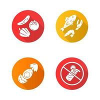 Healthy balanced eating flat design long shadow glyph icons set. High vitamin and omega 3 food. Shrimp and crab claw seafood. No soft drinks sign. Egg, vegetables, fish vector silhouette illustration