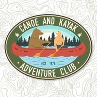 Canoe and Kayak club. Vector. Concept for shirt, stamp or tee. Vintage typography design with kayaker and bear silhouette. Extreme water sport. Outdoor adventure emblems, kayak patches. vector