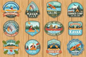 Set of canoe and kayak club badges Vector. Concept for patch, shirt, print or tee. Vintage design with mountain, river, american indian and kayaker silhouette. Extreme water sport kayak patches vector