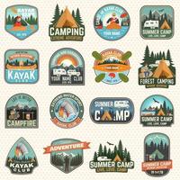 Set of camp and kayak club badges Vector. Concept for patch, print. Vintage design with camping, mountain, river, american indian, camper, kayaker silhouette. Extreme water sport kayak patches vector