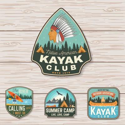 Set of summer camp, canoe and kayak club badges. Vector. Concept for patch. Retro design with camping, mountain, river, american indian and kayaker silhouette. Extreme water sport kayak patches
