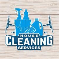 Cleaning company badge, emblem. Vector illustration. Concept for patch, stamp or sticker. Vintage typography design with cleaning equipments. Cleaning service sign for company related business