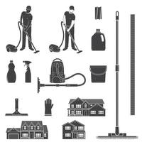 Cleaning icon silhouette for emblems and labels. Set include man with vocuum cleaner, eguipment, houses. Vector illustration.