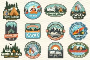 Set of summer camp, canoe and kayak club badges. Vector. For patch. Design with camping, mountain, river, american indian and kayaker silhouette. Extreme camp and water sport kayak patches vector