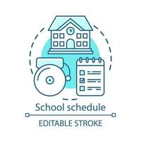 School schedule, studying plan concept icon. Educational process organization idea thin line illustration. Schoolhouse, bell and notepad with notes vector isolated outline drawing. Editable stroke