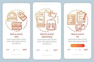 Return to studies onboarding mobile app page screen vector template. Back to school walkthrough website steps with linear illustrations. UX, UI, GUI smartphone interface concept. Education advertising