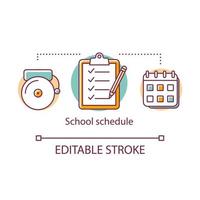 School schedule concept icon. Planning lessons, classes in educational calendar. Curriculum, timetable, alarm bell thin line illustration. Vector isolated outline drawing. Editable stroke..