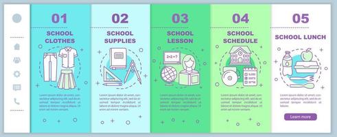 Education onboarding mobile web pages vector template. Responsive smartphone website interface idea with linear illustrations. Webpage walkthrough step screens. School attributes color concept