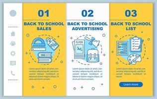 Back to school onboarding mobile web pages vector template. Responsive smartphone website interface idea with linear illustrations. Return to studying webpage walkthrough step screens. Color concept