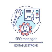 SEO manager concept icon. Digital marketing specialty idea thin line illustration. Search engine optimization. SEO strategy, website content. Vector isolated outline drawing. Editable stroke