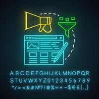 Content marketing neon light icon. Digital marketing tactic. Copywriting, smm. Creating and distribution content. Glowing sign with alphabet, numbers and symbols. Vector isolated illustration