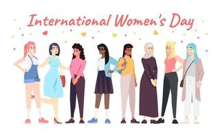 International women day vector banner template. Multiethnic ladies celebrating spring holiday. Multiracial girls marking female rights and solidarity event. Greeting card, postcard design layout ..