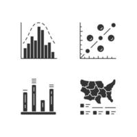 conjunto de iconos de glifo de diagramas. histograma, gráfico de barras, diagrama de dispersión, cartograma. visualización de datos estadísticos. comparaciones entre categorías discretas. símbolos de silueta. ilustración vectorial aislada vector