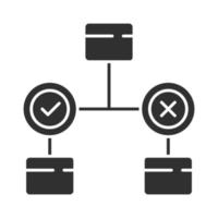 Decision diagram glyph icon. Block chart. Problem solutions. Operations research. Decision tree. Information symbolic representation. Silhouette symbol. Negative space. Vector isolated illustration