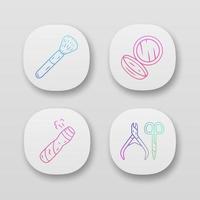 Conjunto de iconos de aplicaciones de atributos de cuidado de la piel. interfaz de usuario ui ux. accesorios de maquillaje, higiene femenina. aplicaciones web o móviles. ilustraciones vectoriales aisladas. tijeras, cepillo cosmético, espejo, spray corporal vector