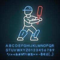 Cricket player neon light icon. Batsman ready to fight off pitch. Cricketer in uniform, leg pads with bat. Team game. Glowing sign with alphabet, numbers and symbols. Vector isolated illustration