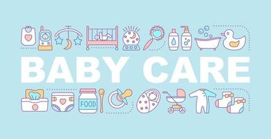 Baby care word concepts banner. Childcare. Equipment, clothes, carriages, toys, nutrition for babies. Isolated lettering typography idea with linear icons. Vector outline illustration