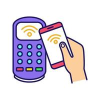 NFC smartphone payment color icon. NFC phone and POS terminal. Near field communication. Mobile phone contactless payment. Isolated vector illustration