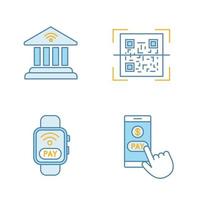 E-payment color icons set. Online banking, QR code scanner, NFC smartwatch, pay with smartphone. Isolated vector illustrations