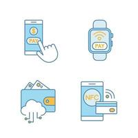 E-payment color icons set. Pay with smartphone, NFC smartwatch, e-wallet, contactless payment. Isolated vector illustrations