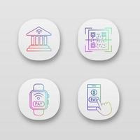 E payment app icons set. Online banking, QR code scanner, NFC smartwatch, pay with smartphone. UI UX user interface. Web or mobile applications. Vector isolated illustrations