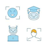 Machine learning color icons set. Facial recognition, teacher bot, chatbot, emotion detection. Isolated vector illustrations