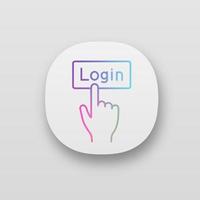 Login button click app icon. UI UX user interface. Authorization. Hand pressing button. Web or mobile application. Vector isolated illustration