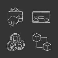 E-payment chalk icons set. E-wallet, credit card, cryptocurrency, blockchain. Isolated vector chalkboard illustrations