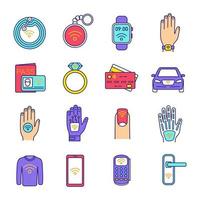 NFC technology color icons set. Near field communication. RFID and nfc tag, sticker, phone, trinket, ring, implant. Contactless technology. Isolated vector illustrations