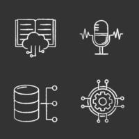 Machine learning chalk icons set. Voice recognition, cloud computing, relational database, digital settings. Isolated vector chalkboard illustrations