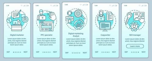 Digital marketing specialties turquoise onboarding mobile app page screen with linear concepts. SEO manager walkthrough steps graphic instructions. UX, UI, GUI vector template with illustrations